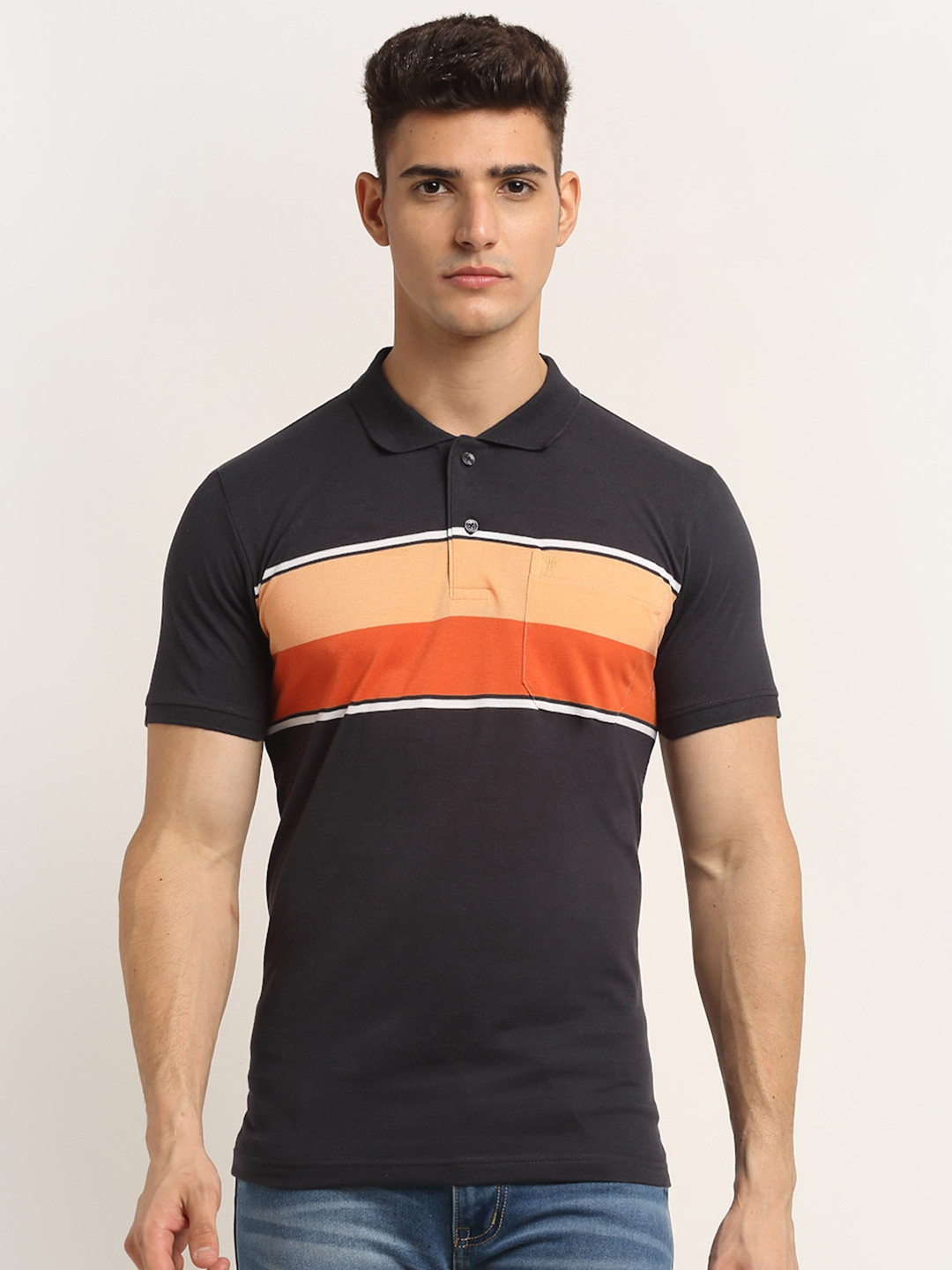 

VENITIAN Men Charcoal & Orange Striped Polo Collar Cotton T-shirt