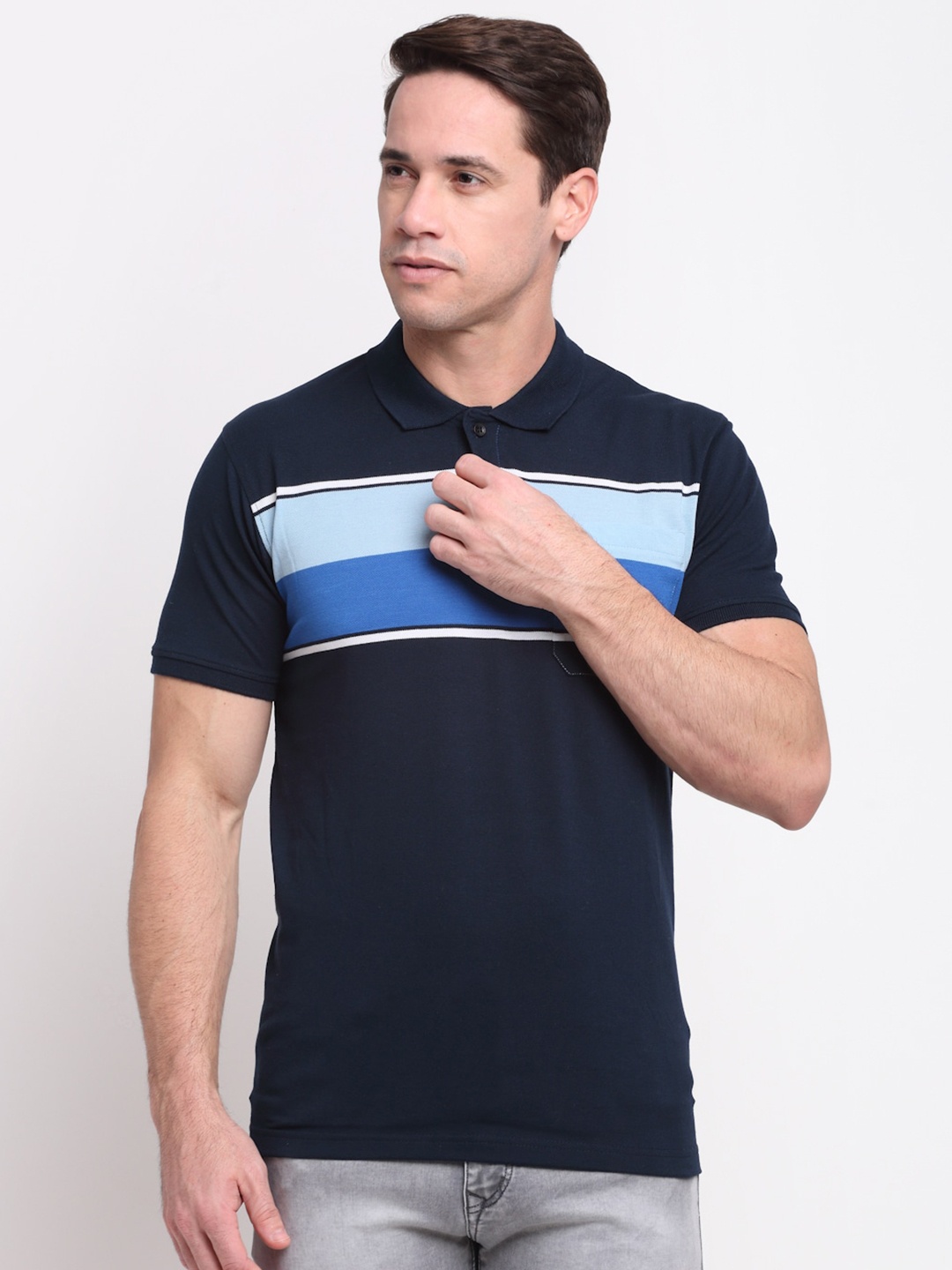 

VENITIAN Men Navy Blue Striped Cotton Polo Collar T-shirt