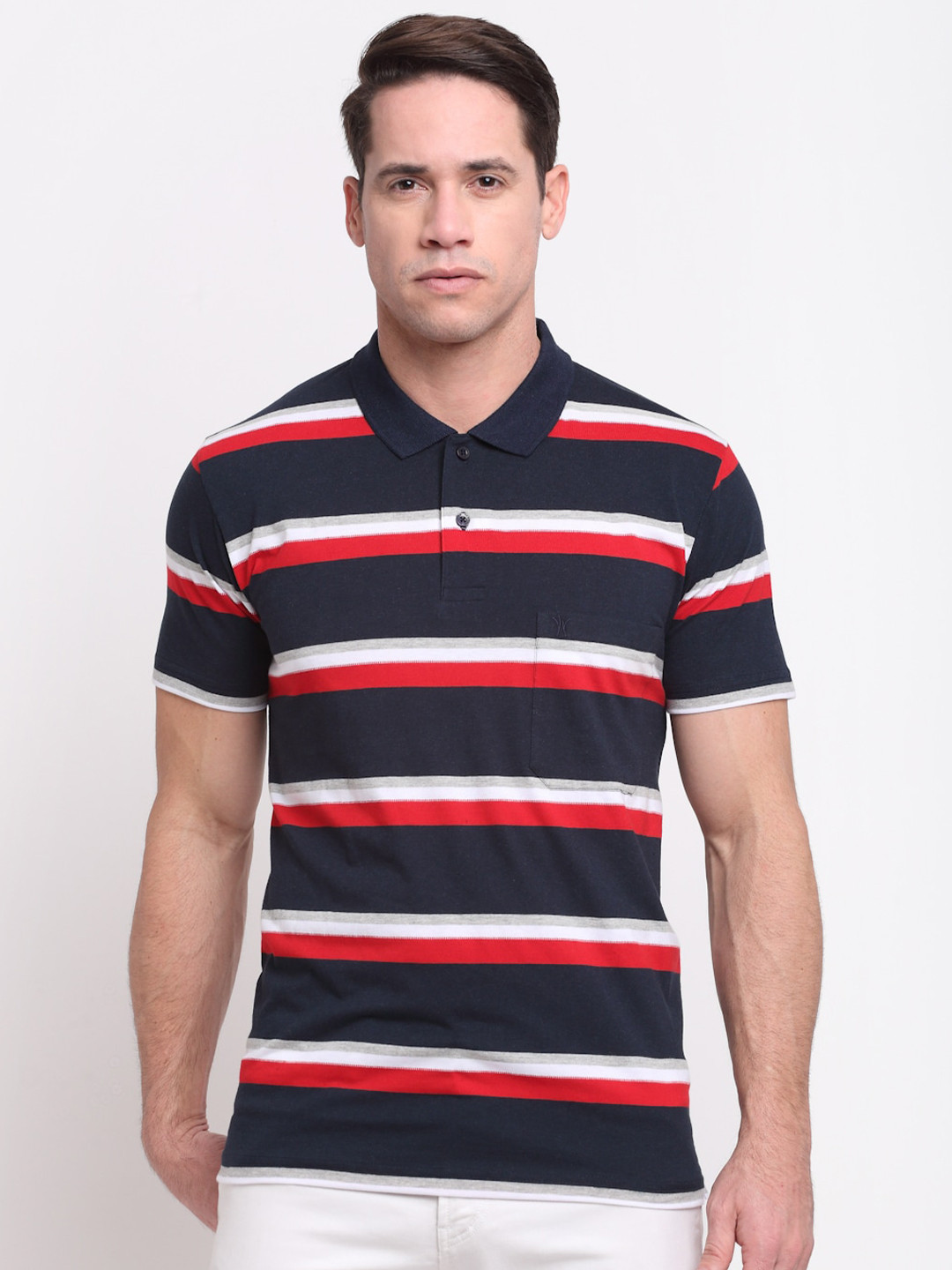 

VENITIAN Men Navy Blue & Red Striped Polo Collar T-shirt