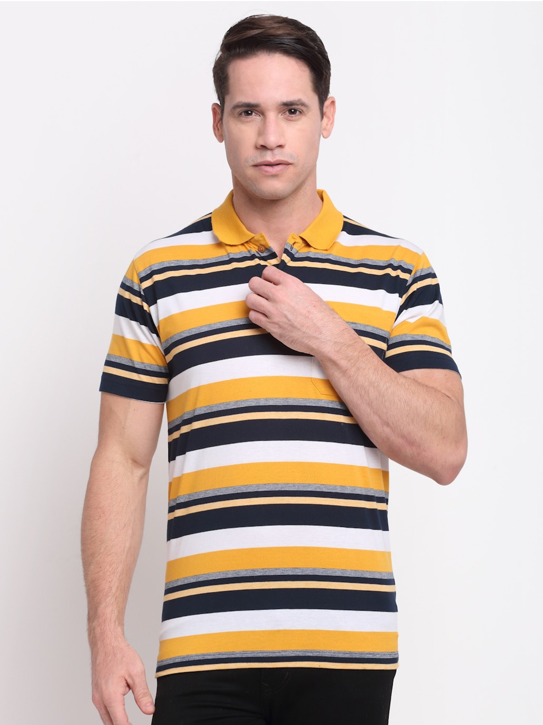 

VENITIAN Men Mustard Yellow Striped Polo Collar T-shirt