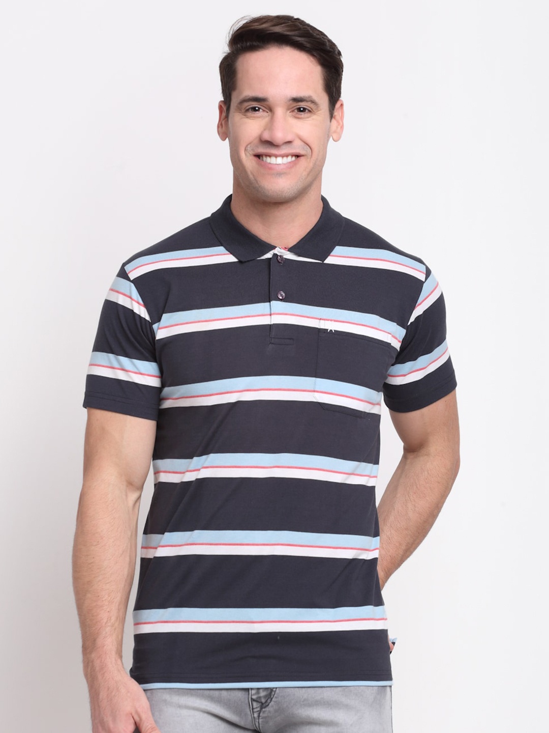 

VENITIAN Men Charcoal & Blue Striped Polo Collar Pockets Cotton T-shirt