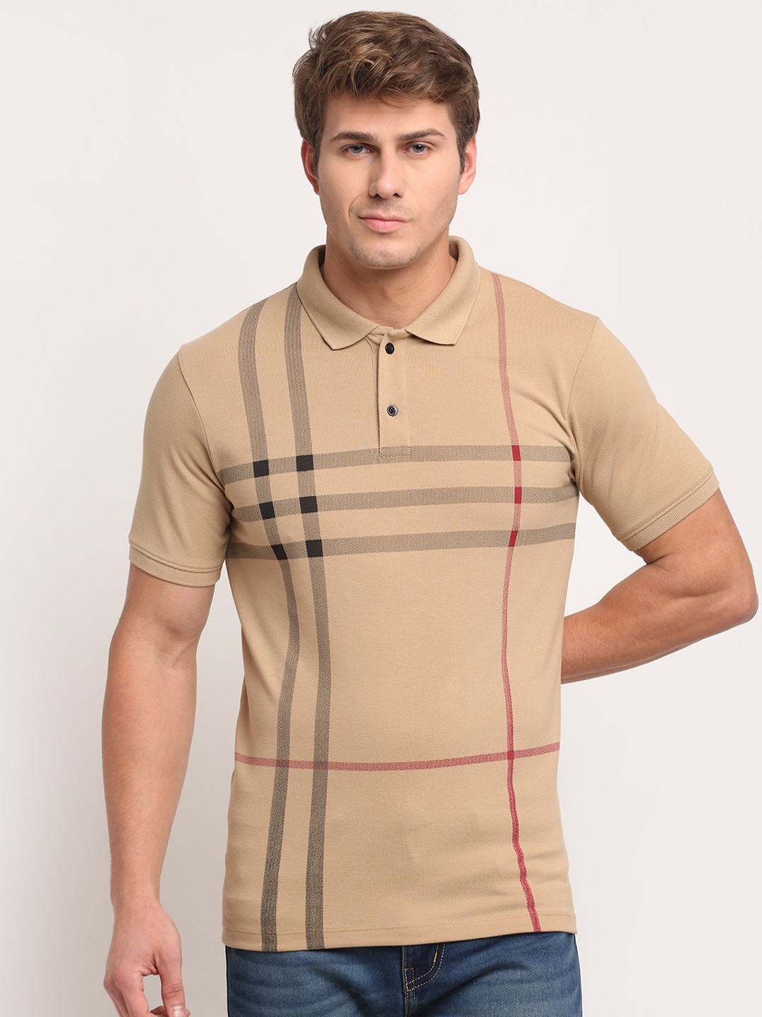 

VENITIAN Men Khaki Striped Polo Collar Slim Fit T-shirt