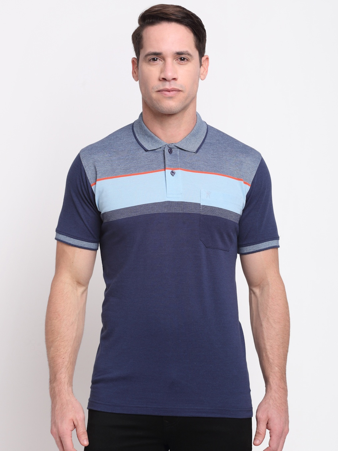 

VENITIAN Men Blue Striped Polo Collar Pockets T-shirt