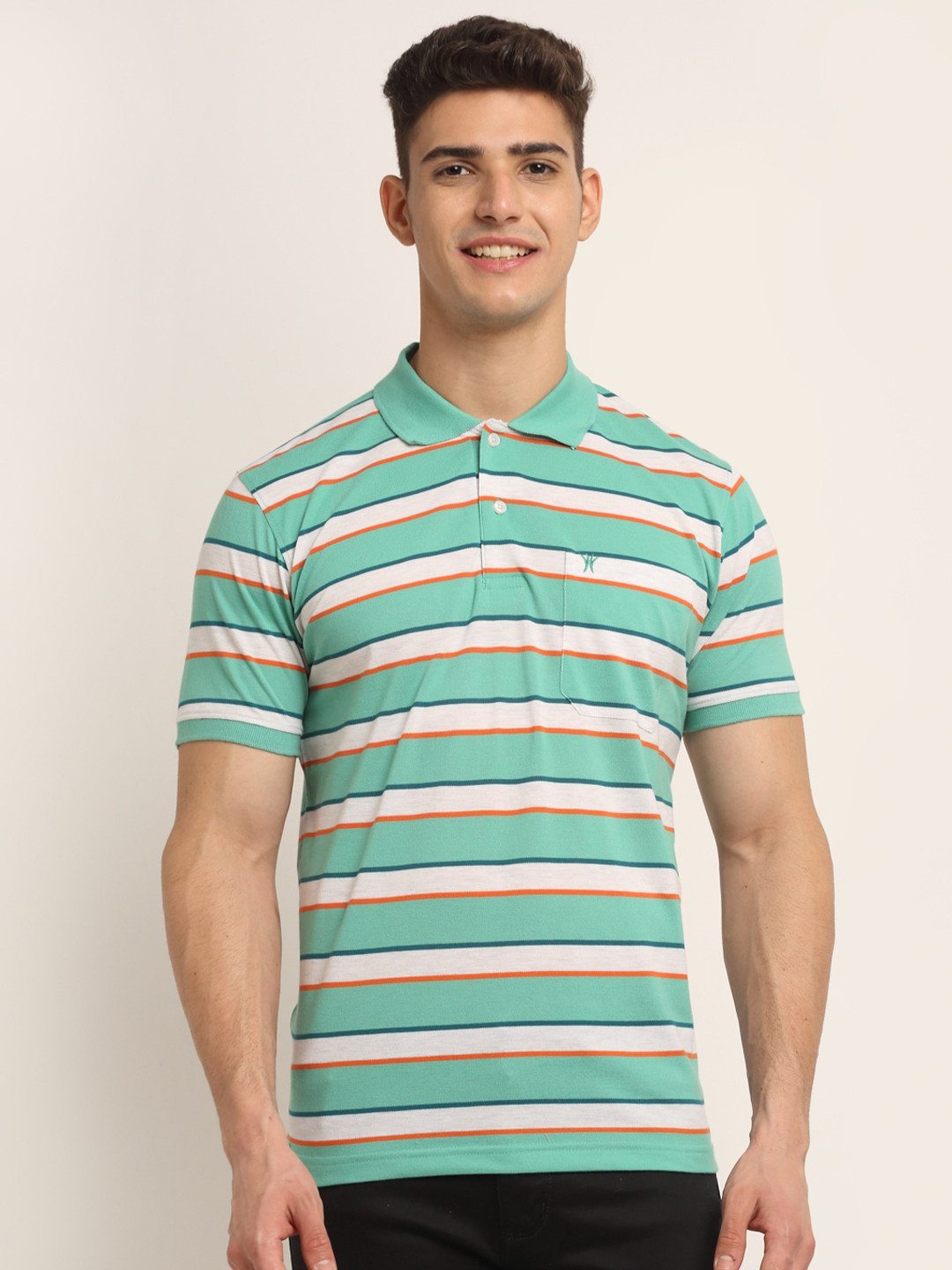 

VENITIAN Men Green Striped Polo Collar Pockets T-shirt