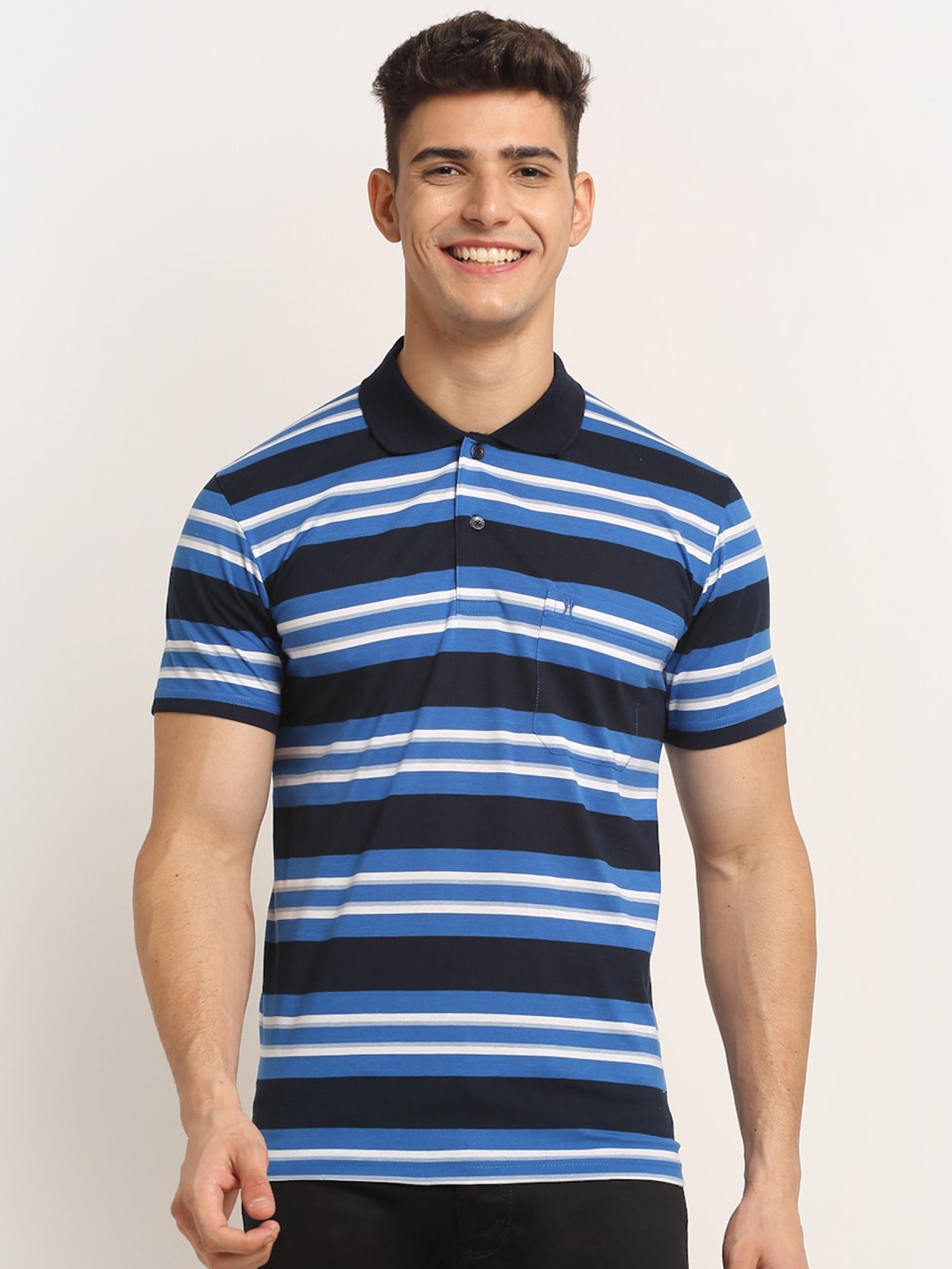 

VENITIAN Men Blue & White Striped Polo Collar Pockets Cotton T-shirt