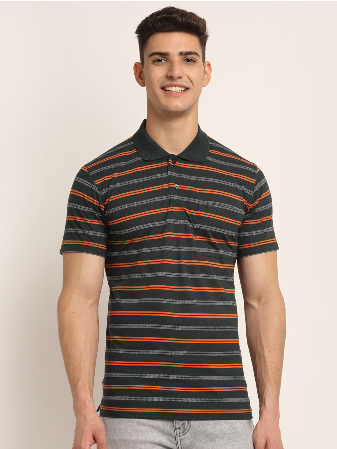 

VENITIAN Men Charcoal Striped Polo Collar Pockets T-shirt