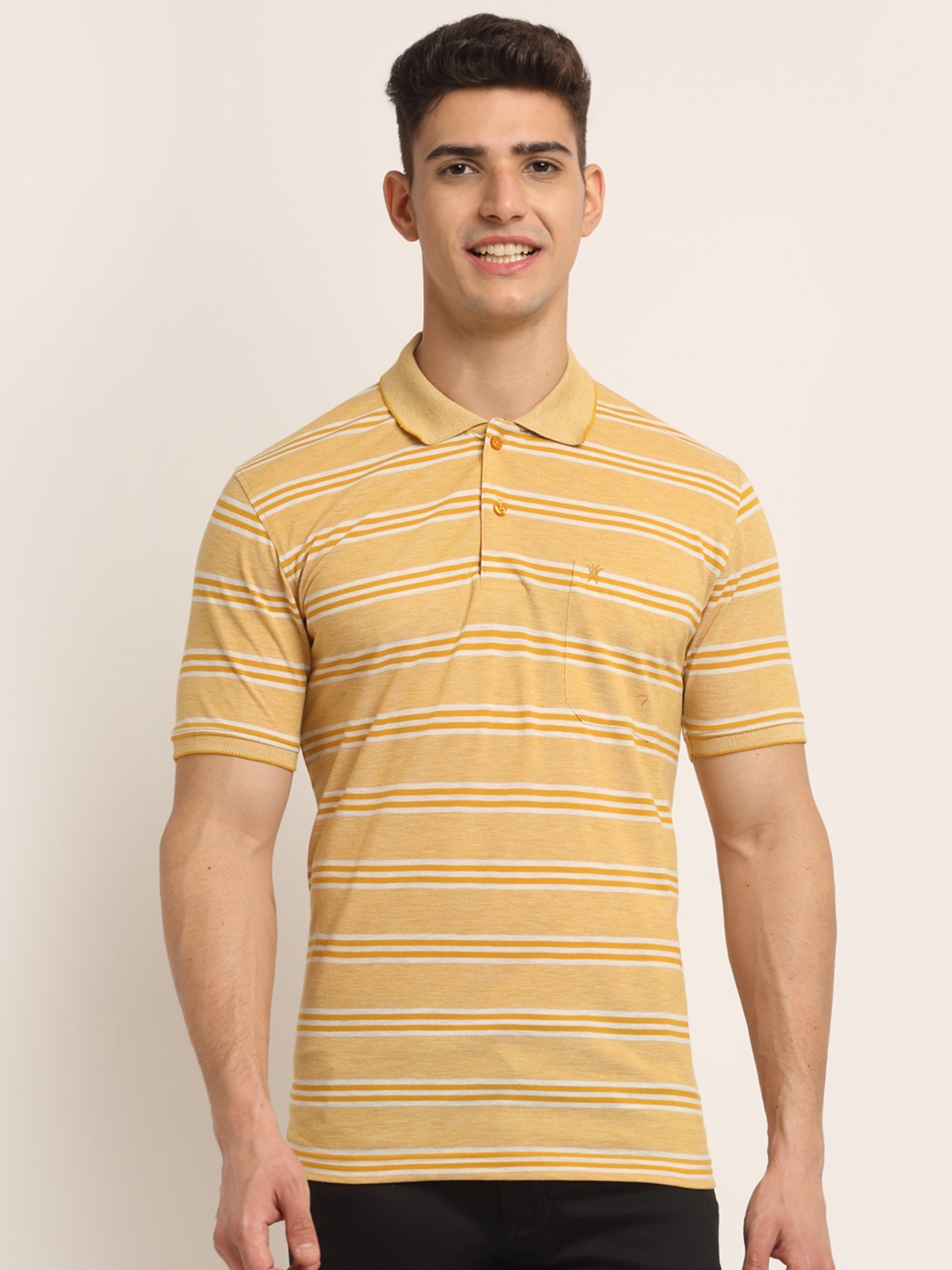 

VENITIAN Men Mustard Yellow Striped Cotton Polo Collar T-shirt