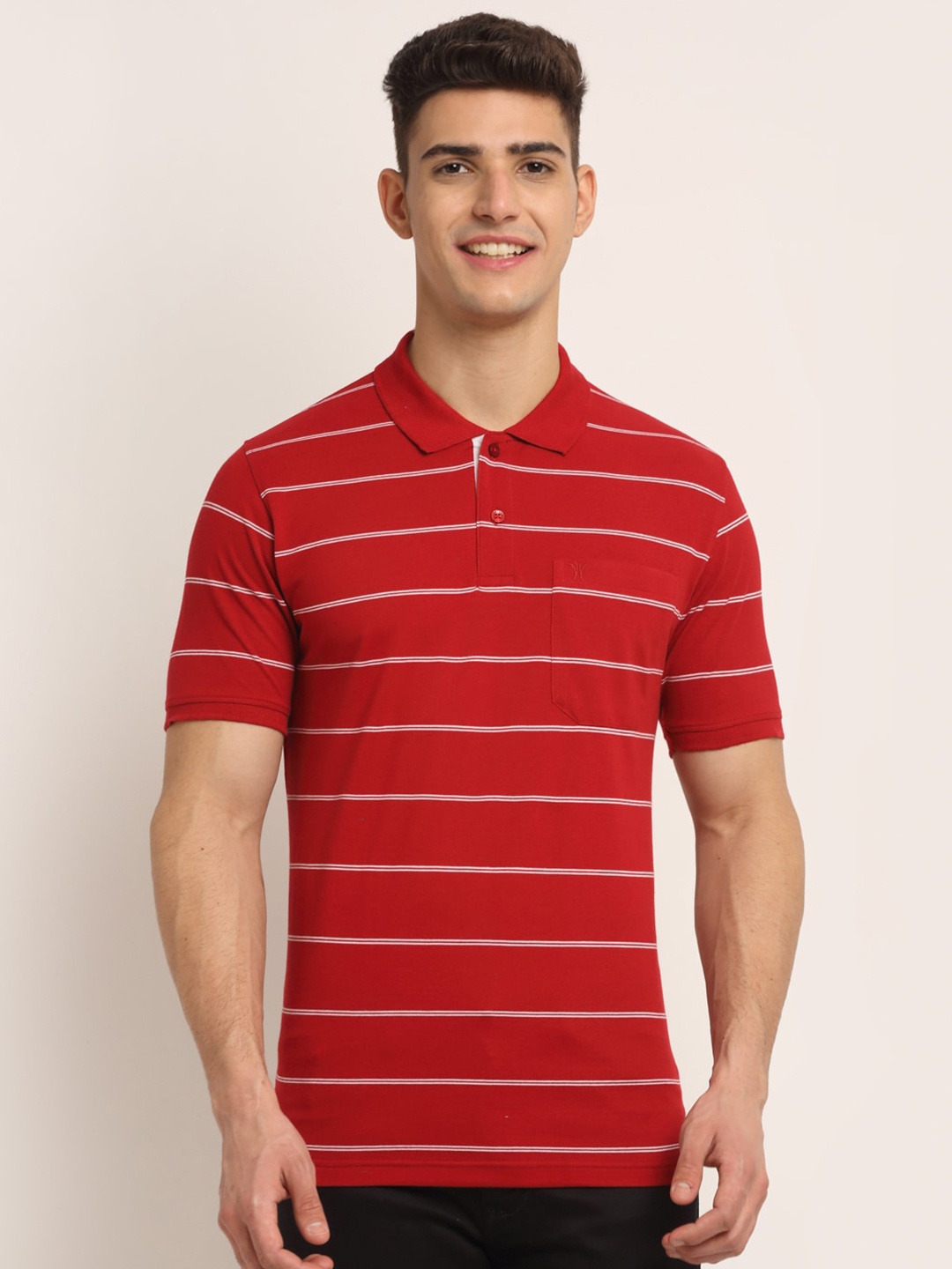 

VENITIAN Men Red Striped Polo Collar Pockets T-shirt