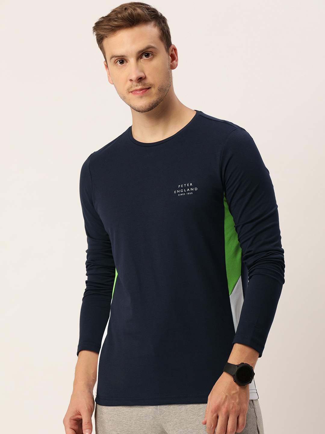 

Peter England Casuals Men Navy Blue Brand Logo Printed Slim Fit T-shirt With Side Stripes