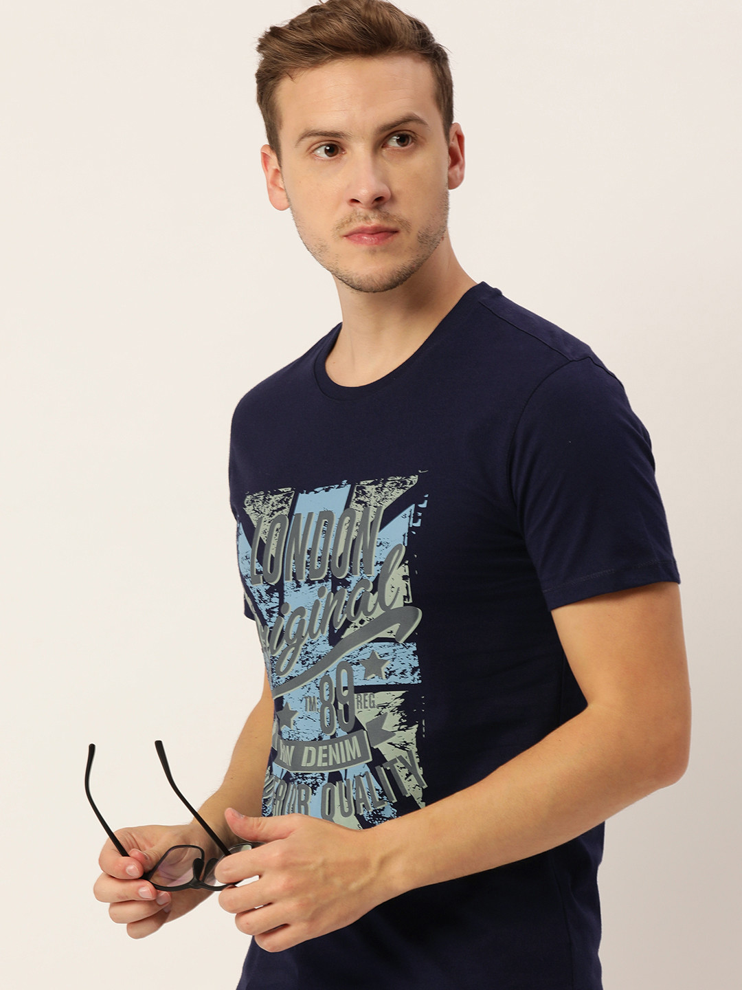 

PETER ENGLAND UNIVERSITY Men Navy Blue & Grey Printed Slim Fit T-shirt