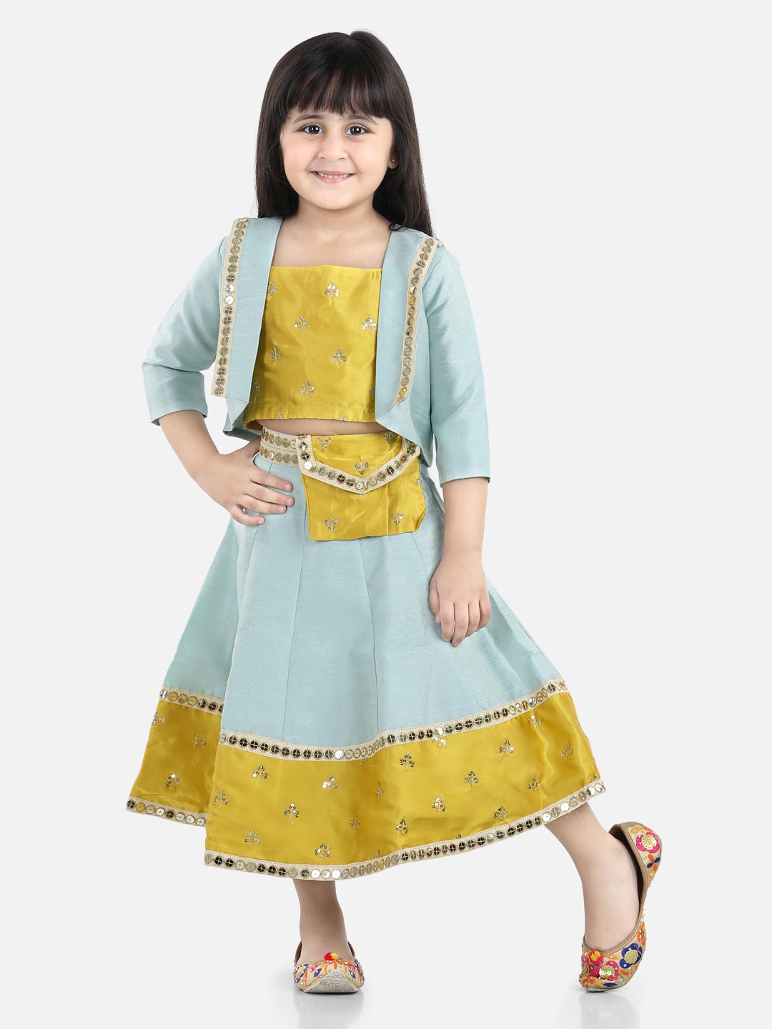 

Fairies Forever Sea Green & Mustard Embellished Ready to Wear Lehenga Choli With Jacket