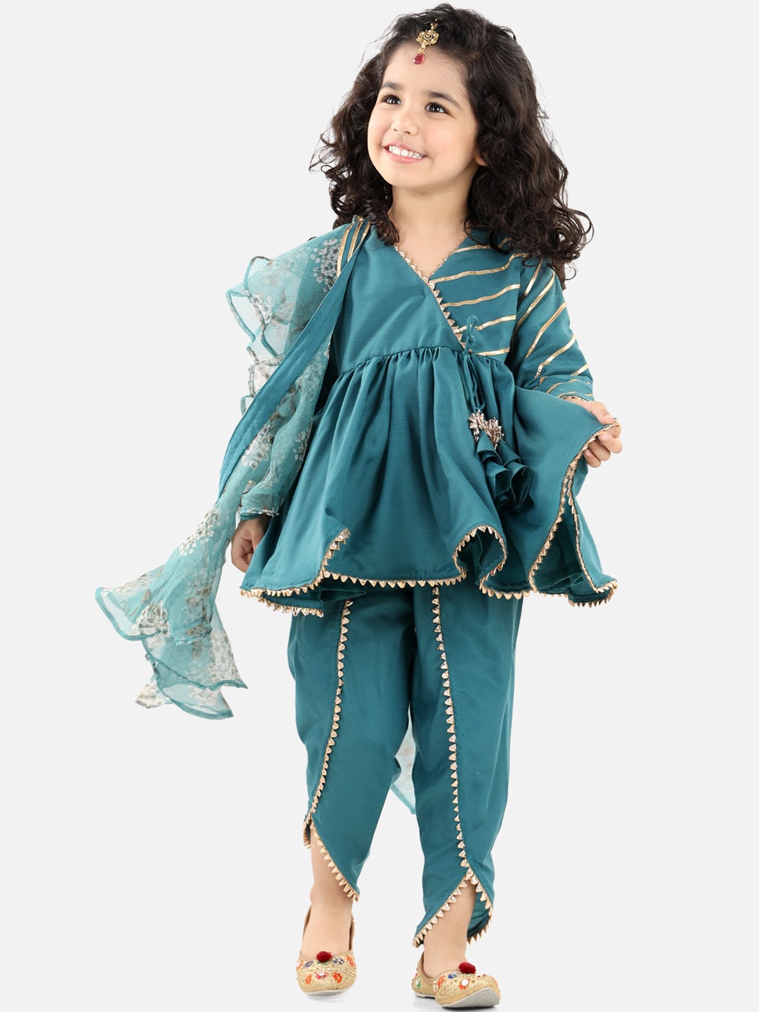 

Fairies Forever Girls Teal Floral Printed Angrakha Gotta Patti Kurti with Dhoti Pants & With Dupatta