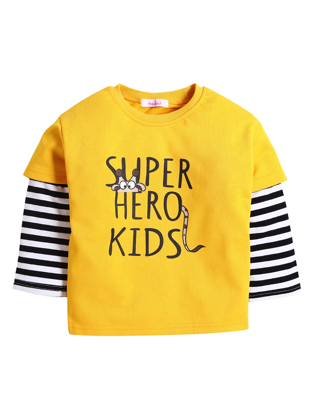 

Hopscotch Boys Yellow Printed Extended Sleeves T-shirt