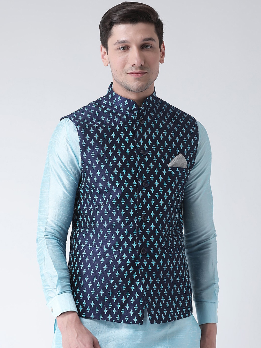 

DEYANN Men Navy Blue Printed Woven Nehru Jacket