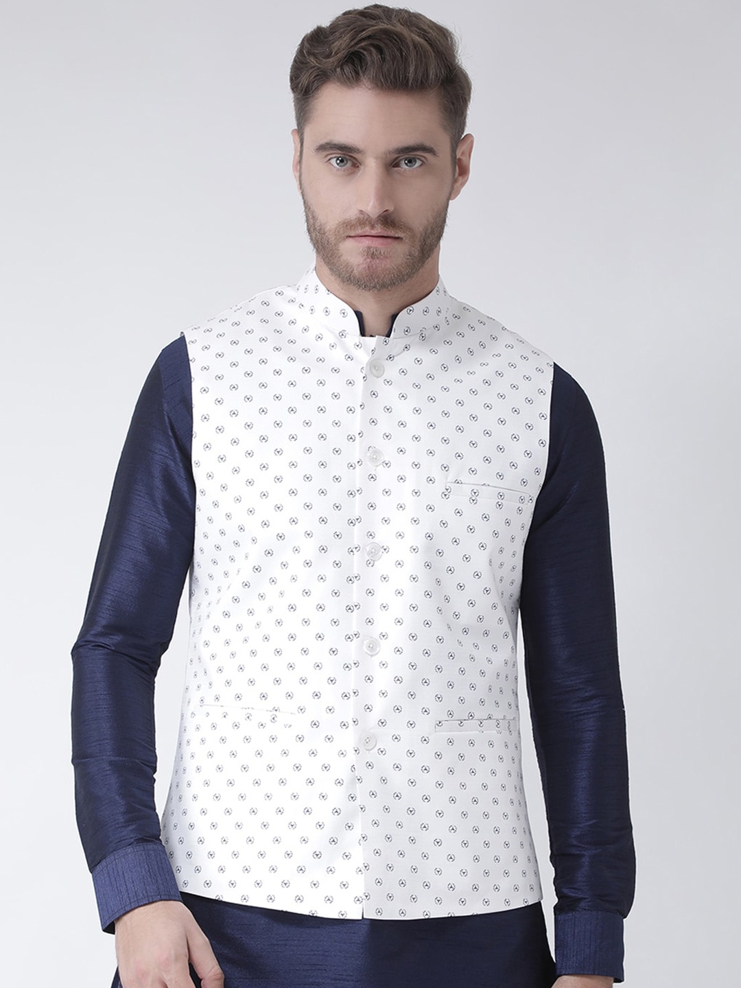 

DEYANN Men White Printed Woven Nehru Jacket