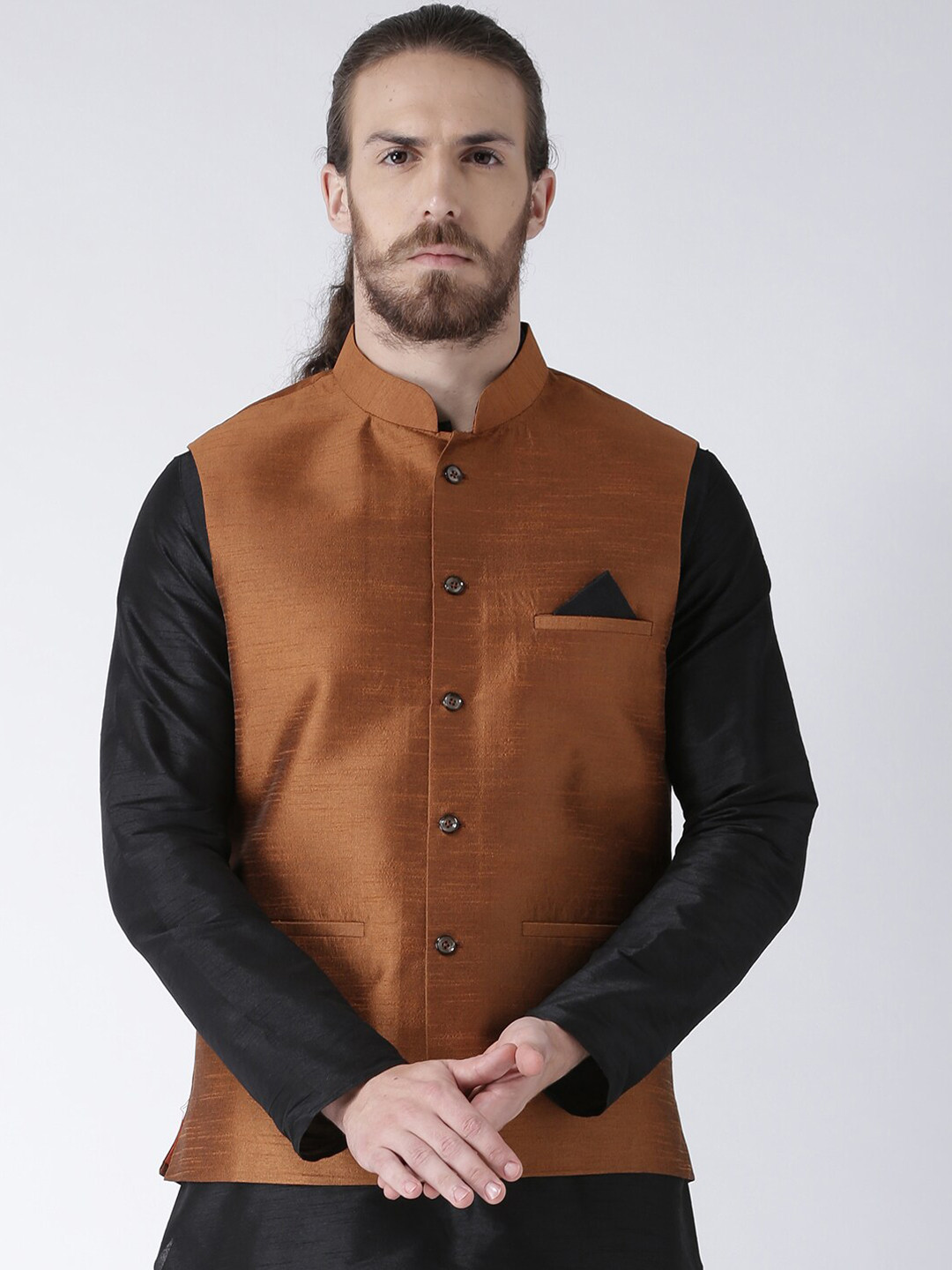 

DEYANN Men Copper-Coloured Woven Nehru Jacket