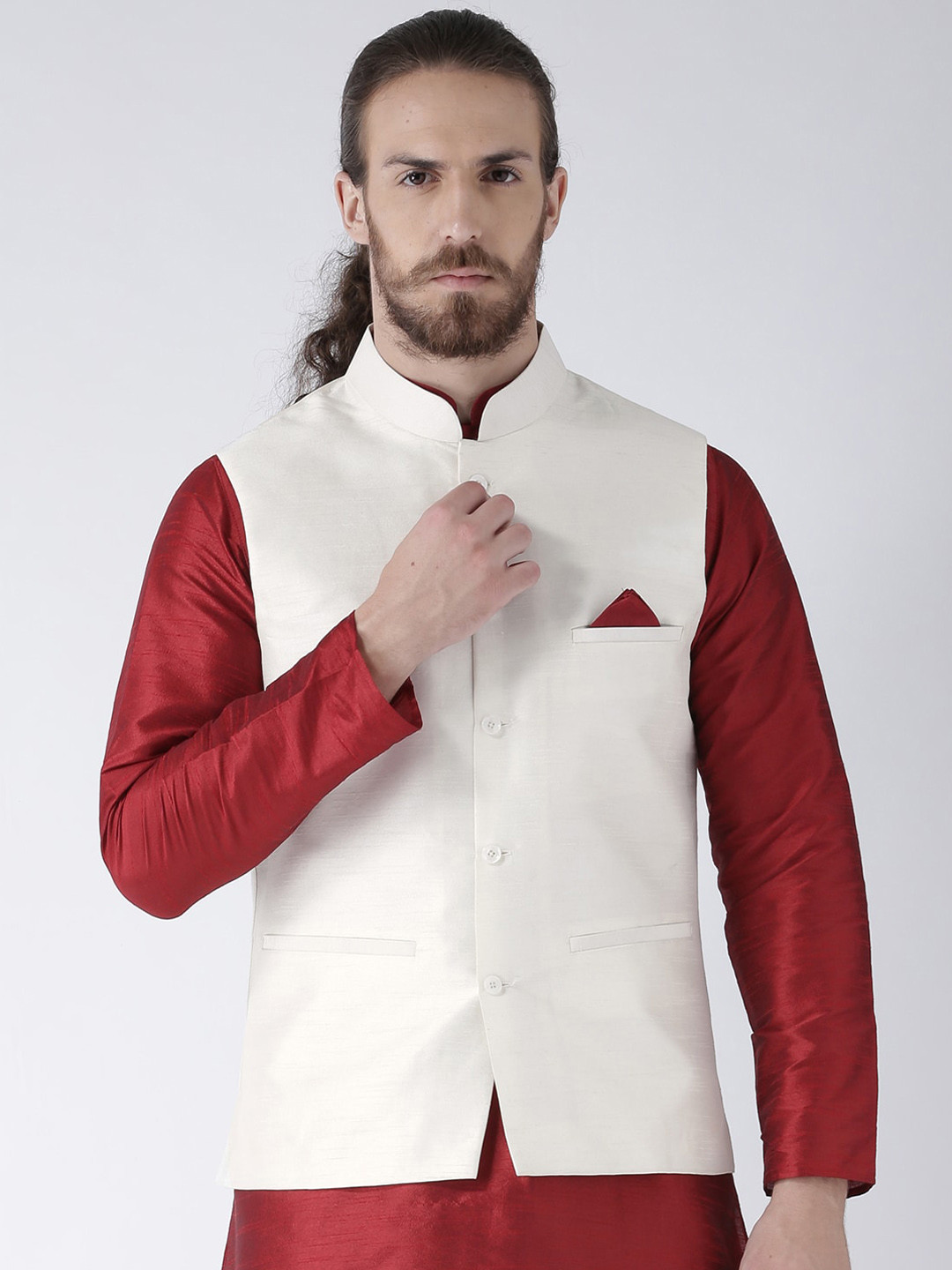 

DEYANN Men Off-White Solid Woven Nehru Jacket