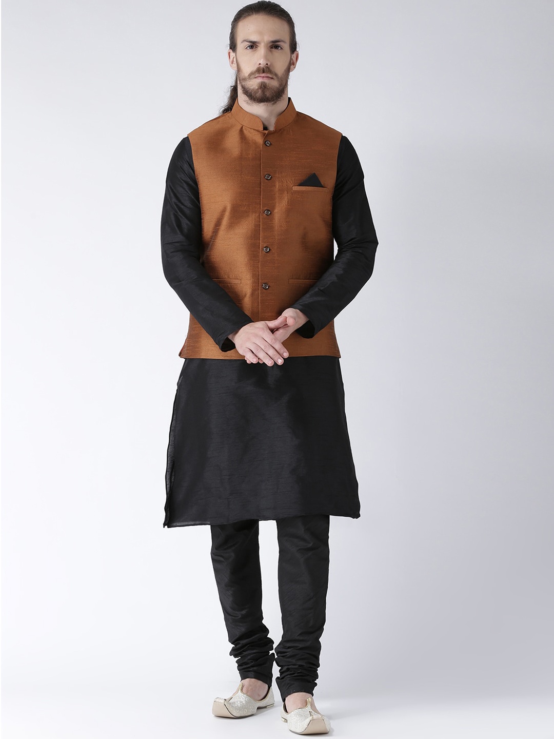 

DEYANN Men Copper-Toned Layered Dupion Silk Kurta with Churidar With Nehru Jacket