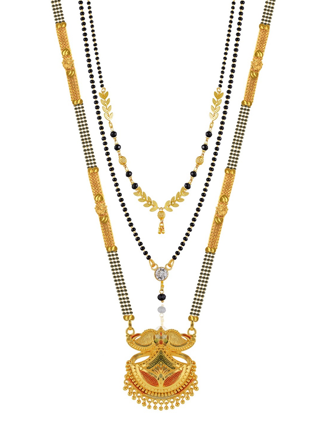 

Brandsoon Set Of 3 Gold-Plated White Stone-Studded & Black Beaded Mangalsutra