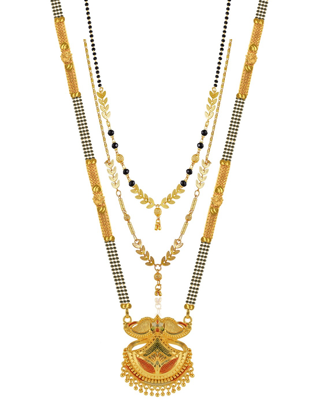 

Brandsoon Set Of 3 Gold-Plated & Black Beaded Mangalsutra, Multi