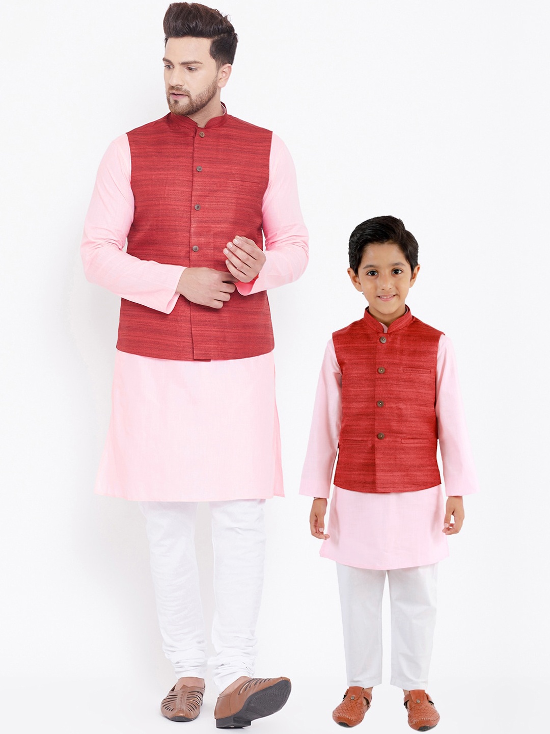

VASTRAMAY Boys Pink & Maroon Layered Kurta with Pyjamas & Nehru Jacket