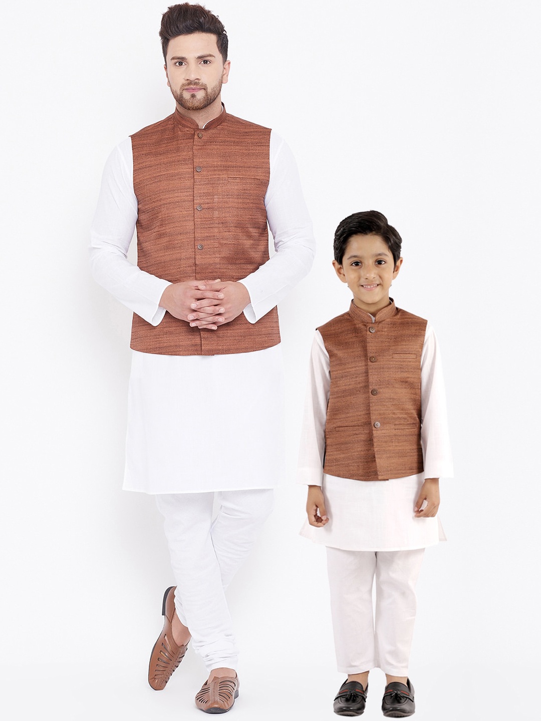 

VASTRAMAY Boys White Layered Kurta with Pyjamas With Nehru Jacket