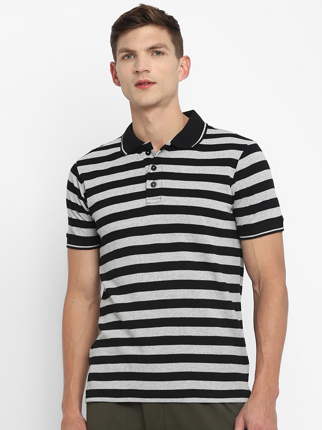 

OFF LIMITS Men Grey & Black Striped Polo Collar T-shirt