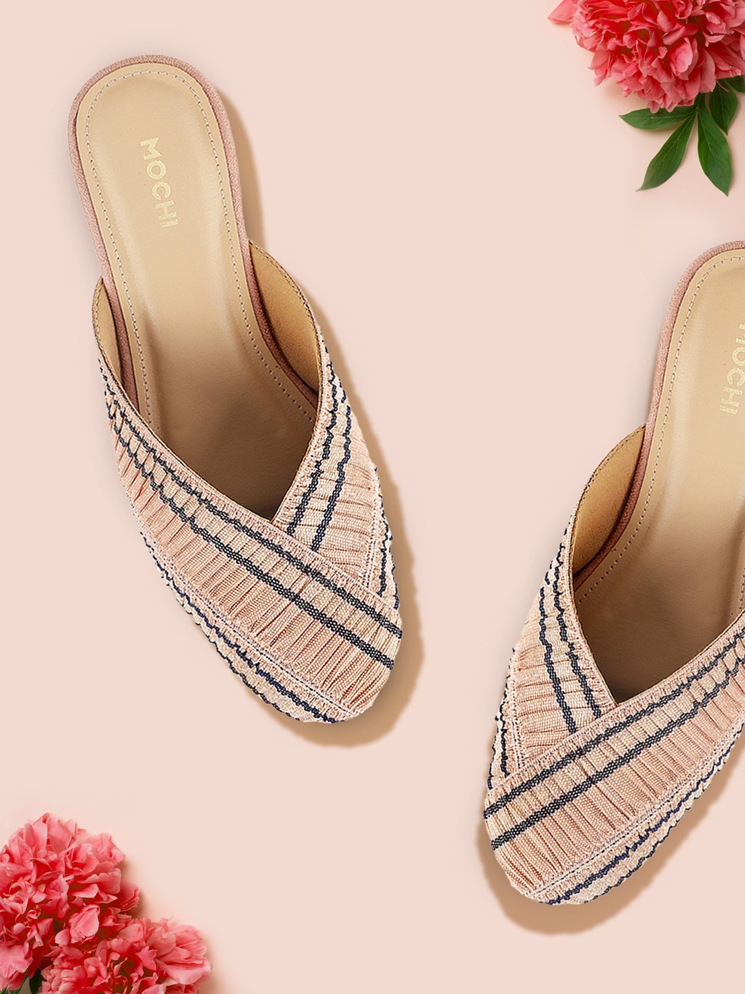 

Mochi Women Peach Coloured Woven Design Block Heels Mules