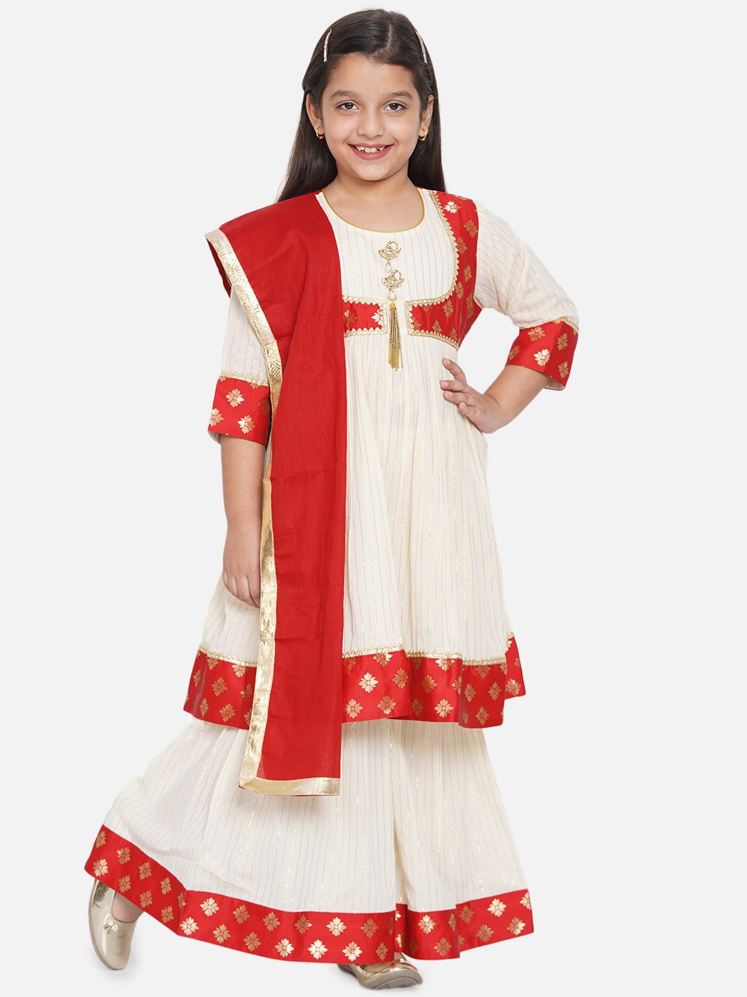 

Little Bansi Girls Cream-Coloured & Red Pleated Kurti with Sharara & With Net Dupatta