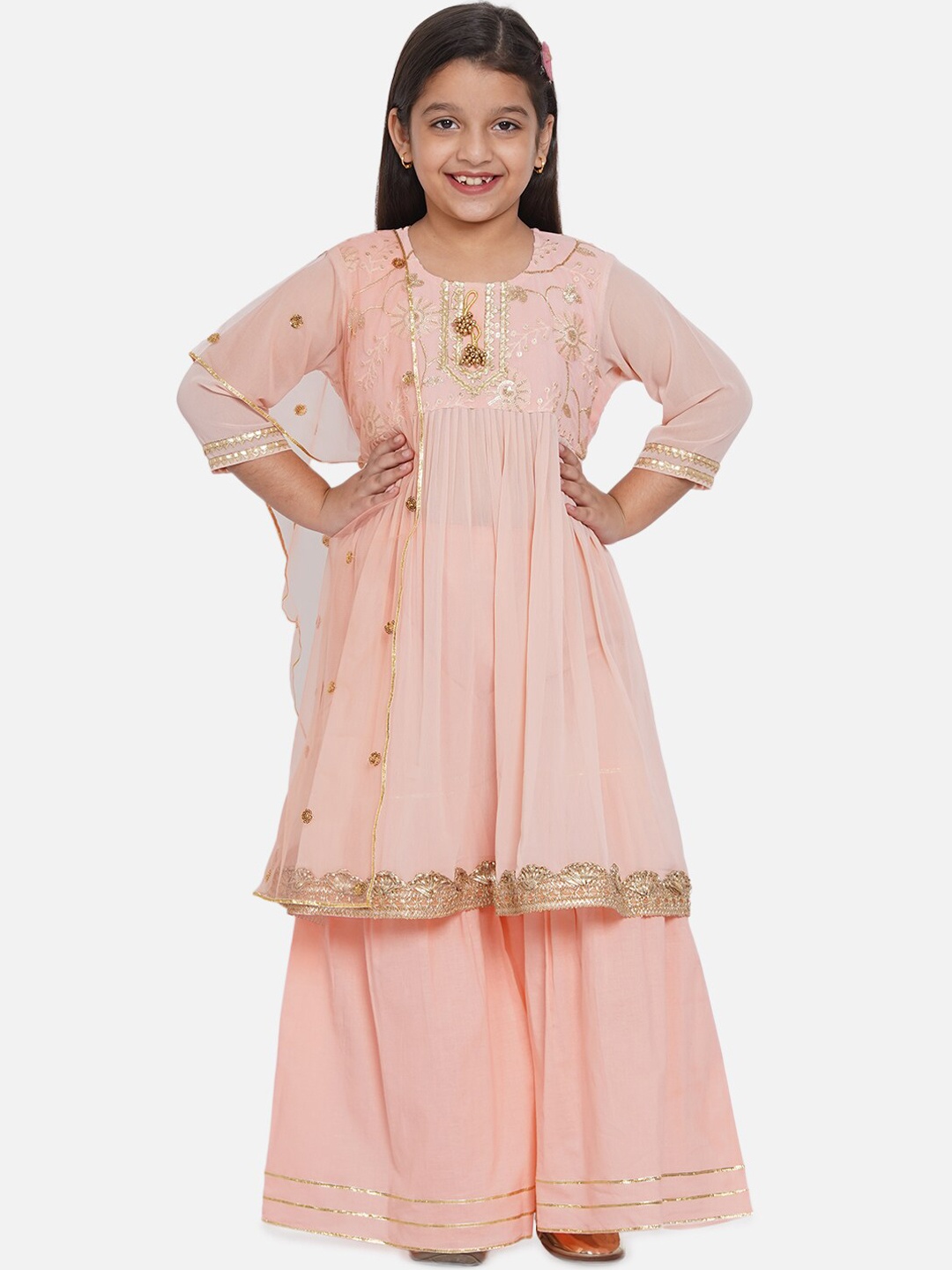 

Little Bansi Girls Peach-Coloured Floral Embroidered Kurta with Sharara & With Dupatta