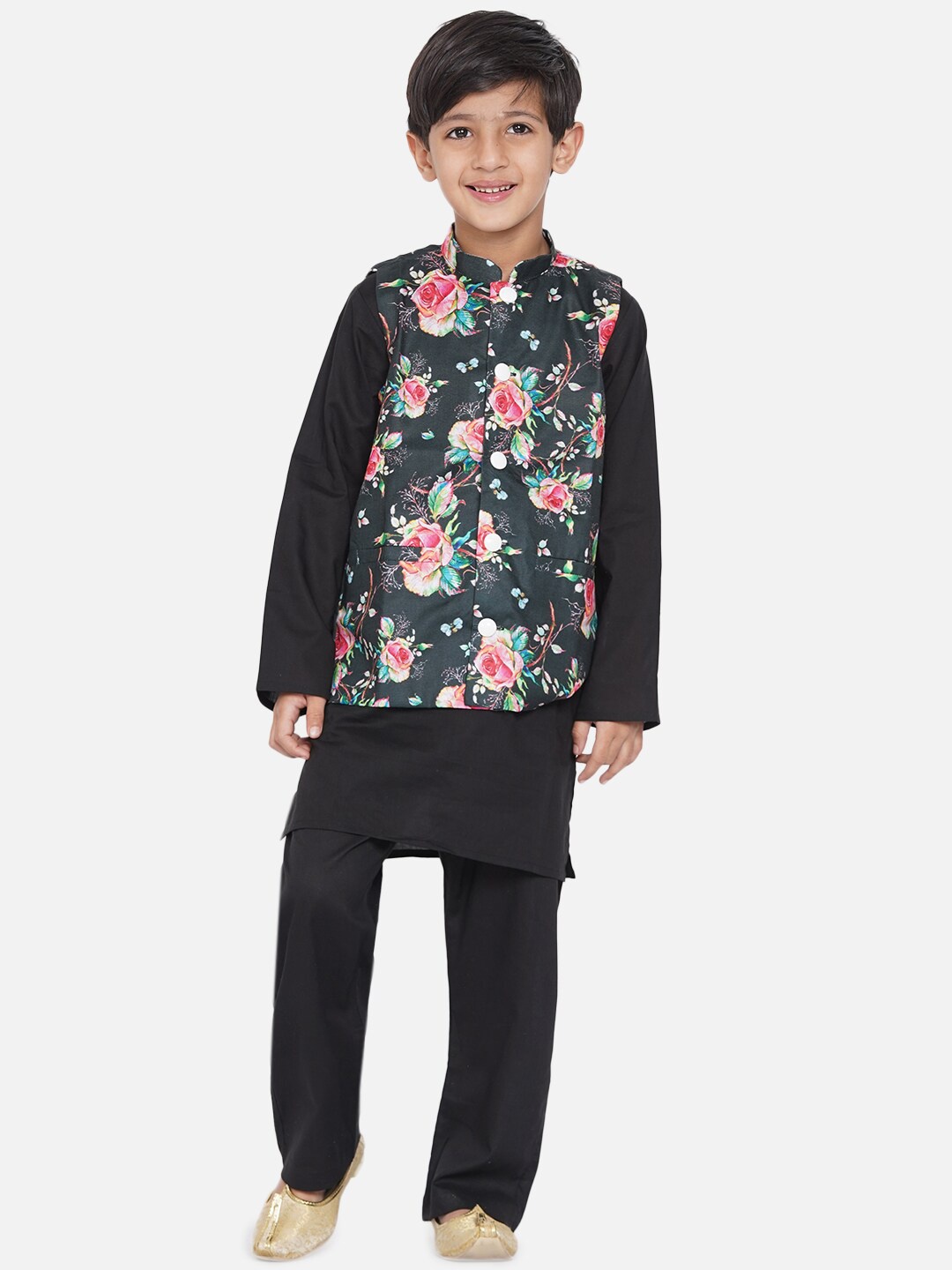 

Little Bansi Boys Black Kurta with Pyjamas & Nehru Jacket