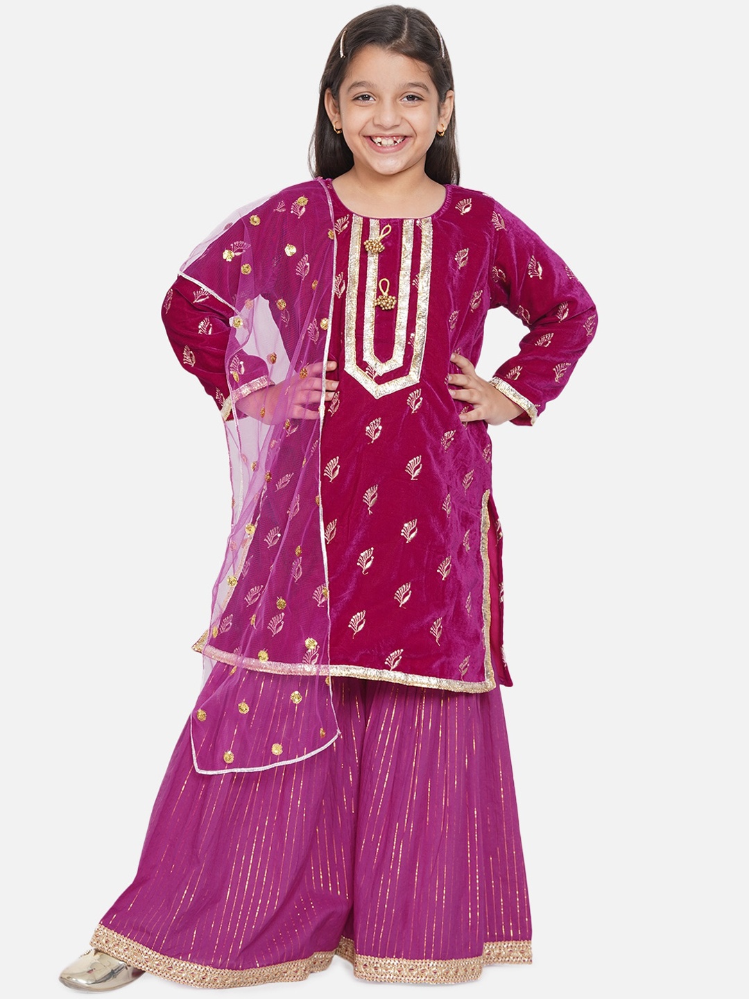 

Little Bansi Girls Maroon Ethnic Motifs Embroidered Sequinned Velvet Kurti with Sharara & With Dupatta