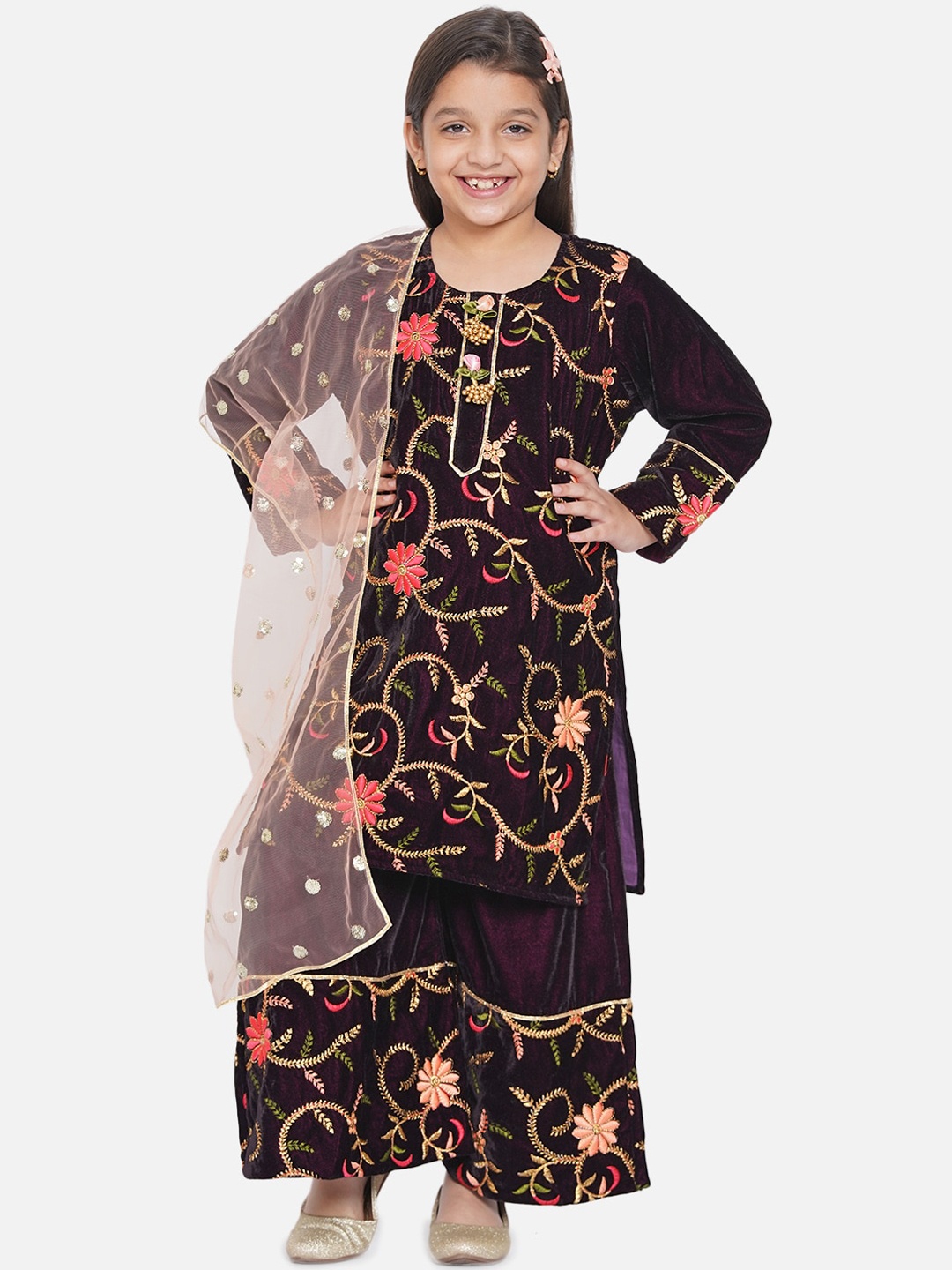 

Little Bansi Girls Violet Floral Embroidered Velvet Kurti with Palazzos & With Dupatta