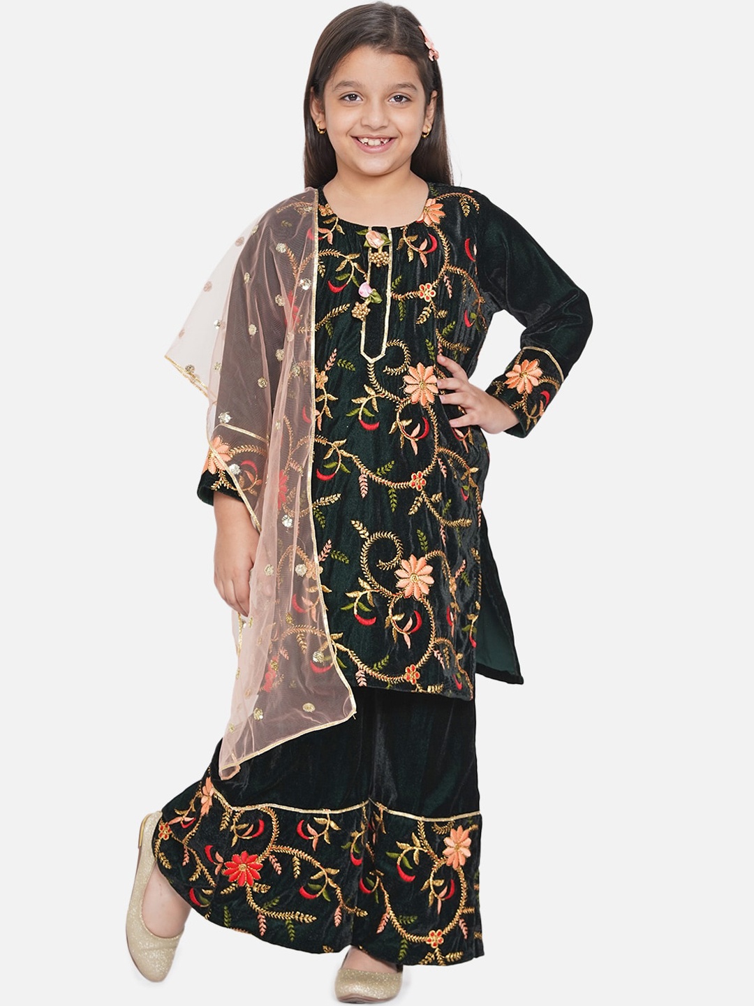 

Little Bansi Girls Green & PInk Floral Printed Velvet Kurti with Sharara & Net Dupatta