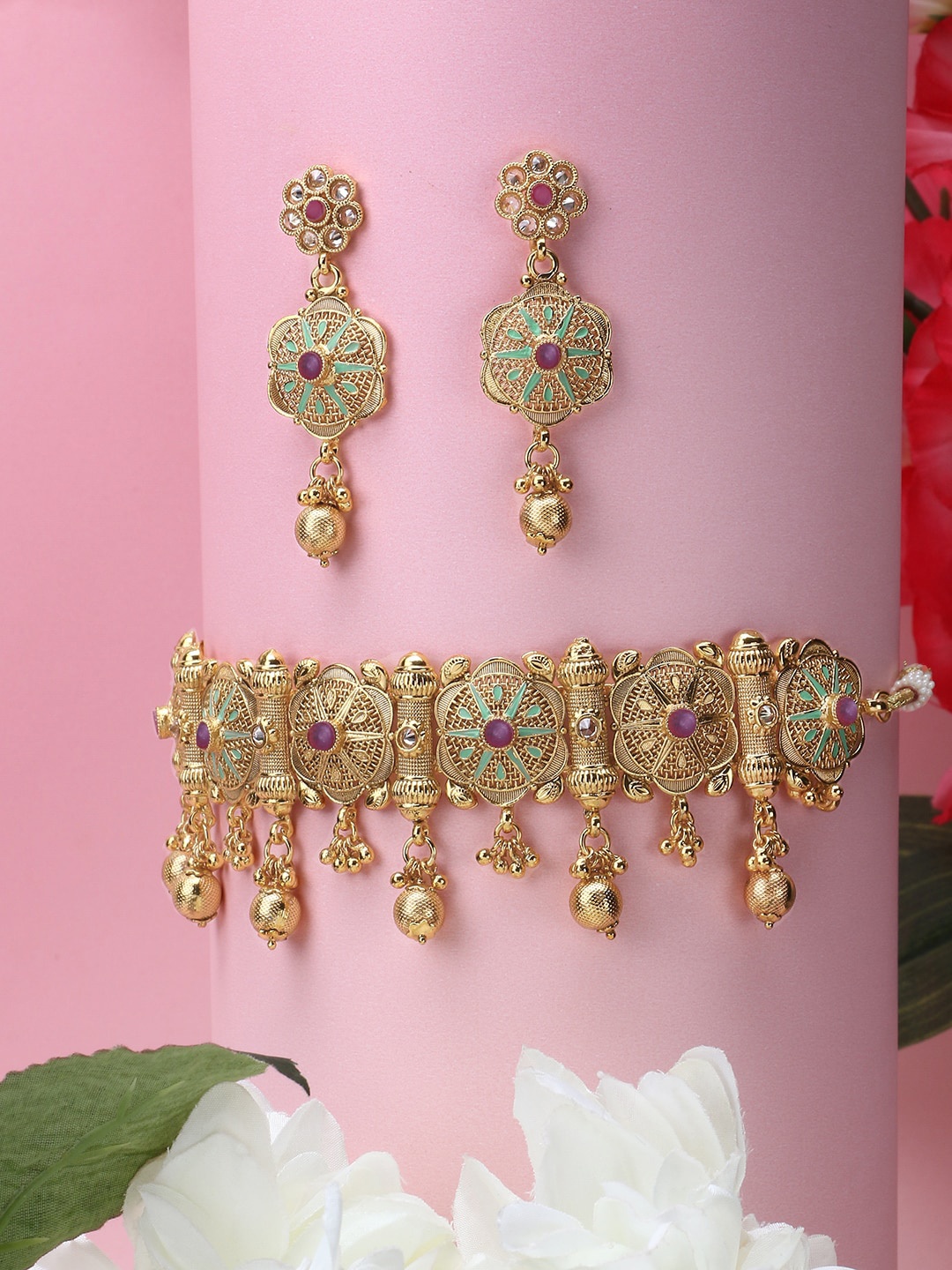 

Adwitiya Collection Women Gold-Plated White Stone-Studded Handcrafted Jewellery Set