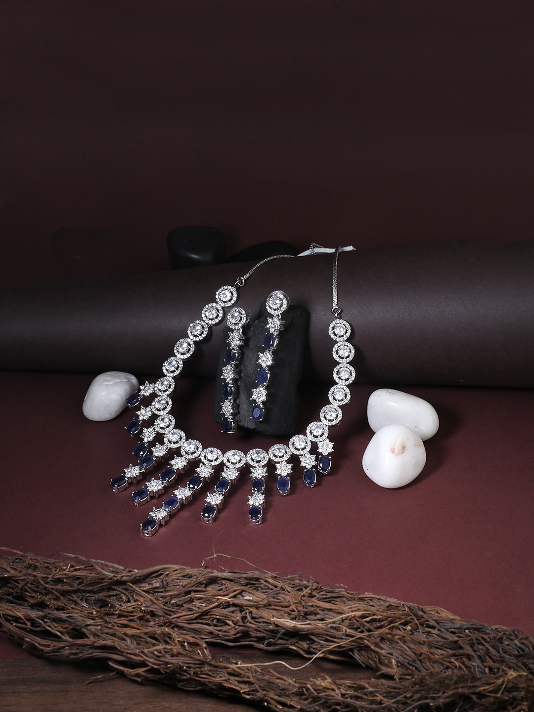 

Adwitiya Collection Silver-Toned Rhodium-Plated Blue CZ Stone Handcrafted Necklace Set