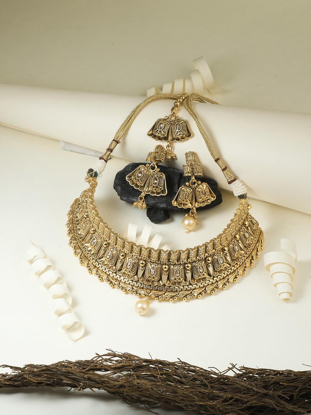 

Adwitiya Collection 24CT Gold-Plated Stone-Studded Beaded Jewellery Set