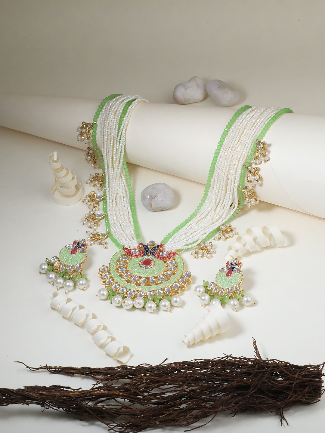 

Adwitiya Collection Gold-Plated White & Green Kundan-Studded & Beaded Jewellery Set