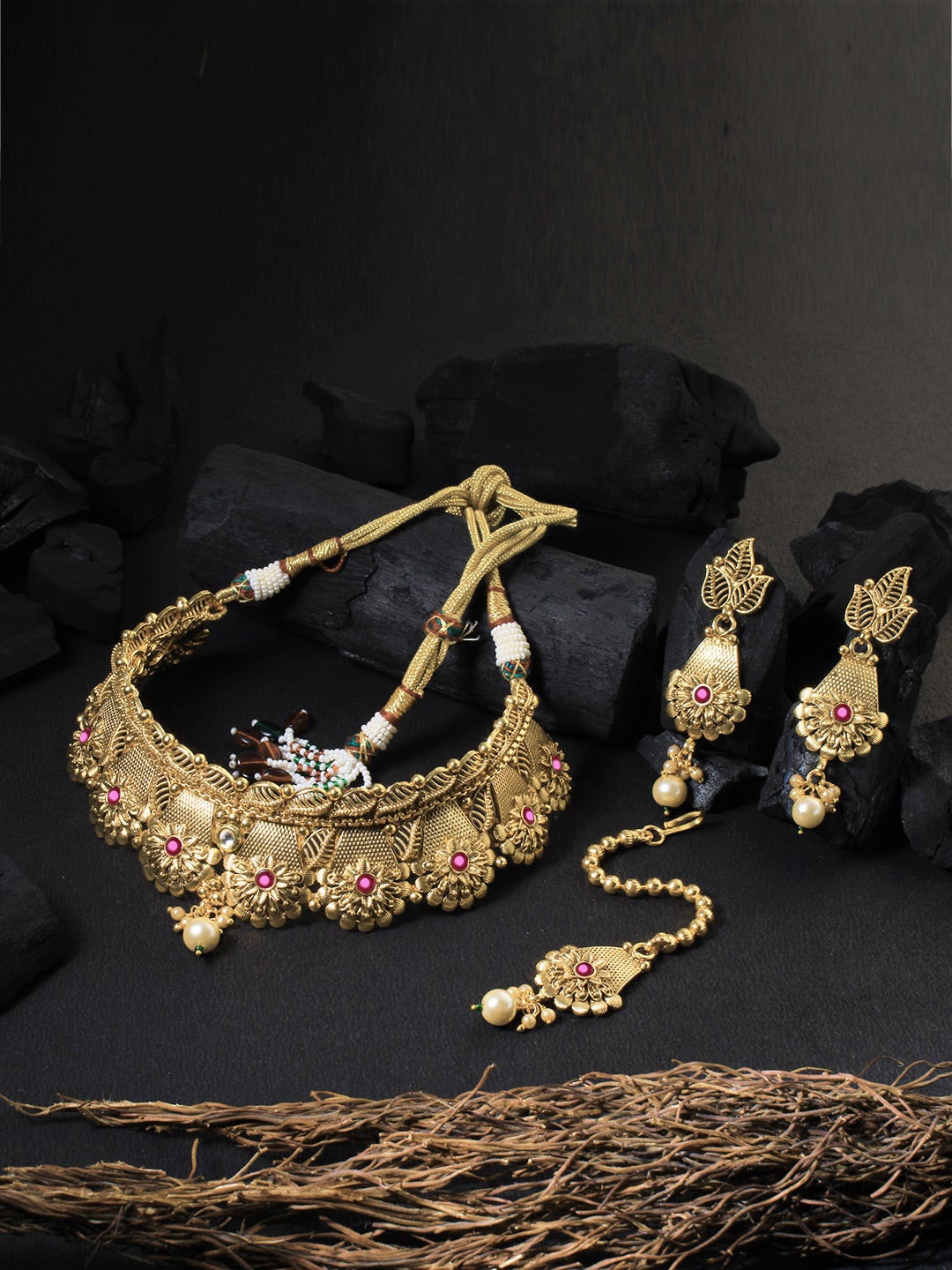 

Adwitiya Collection 24CT Gold-Plated Pink Stone-Studded Jewellery Set