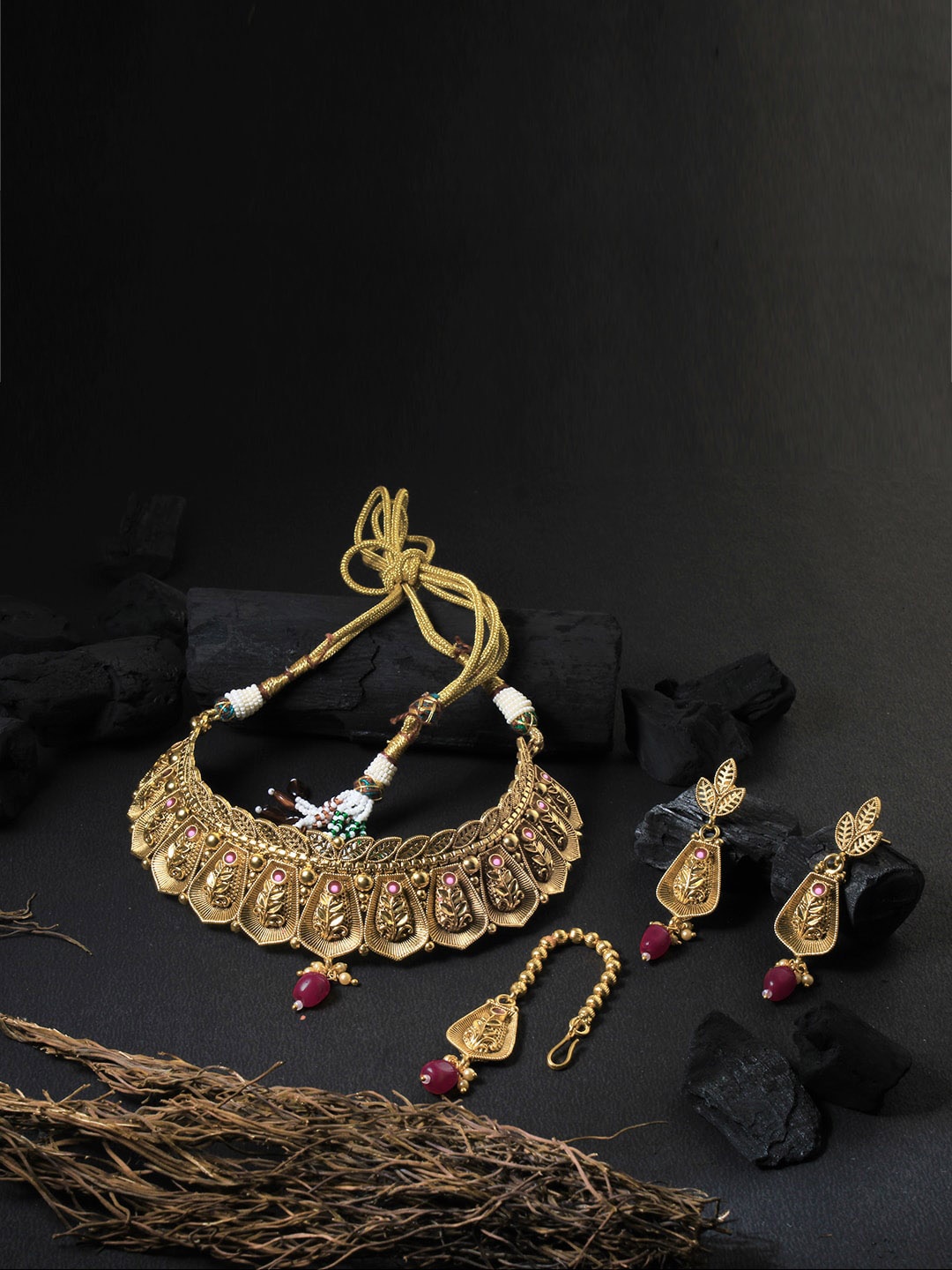 

Adwitiya Collection 24CT Gold-Plated Pink Stone-Studded Beaded Jewellery Set