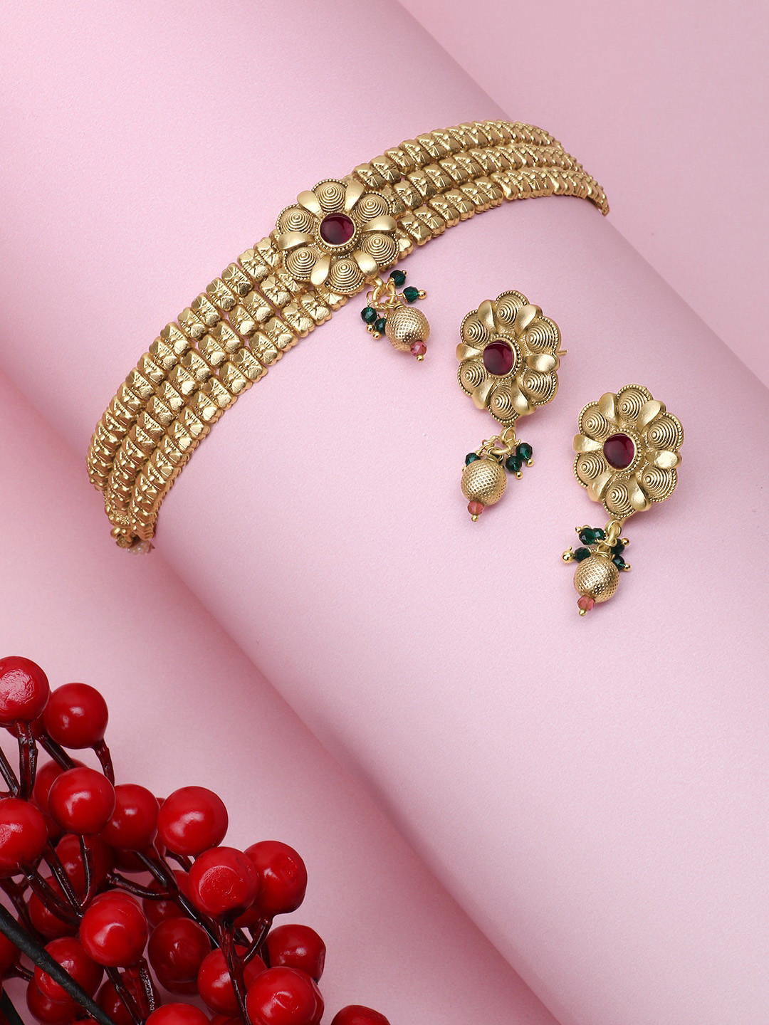 

Adwitiya Collection Gold-Plated Red & Green Stone- Studded Jewellery Set