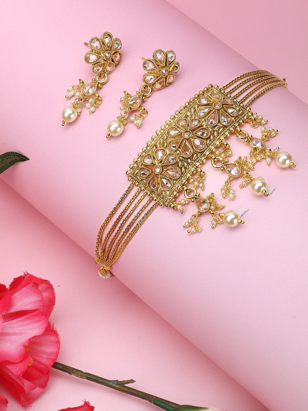

Adwitiya Collection Gold Plated Pearl Choker Necklace Set