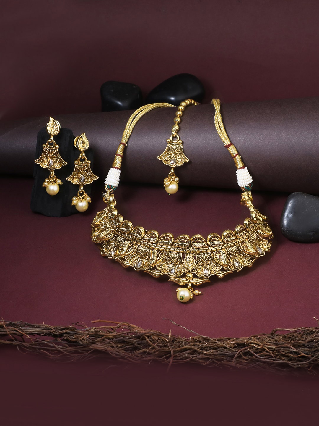 

Adwitiya Collection 24CT Gold-Plated & White Stone-Studded Jewellery Set With Maang Tika