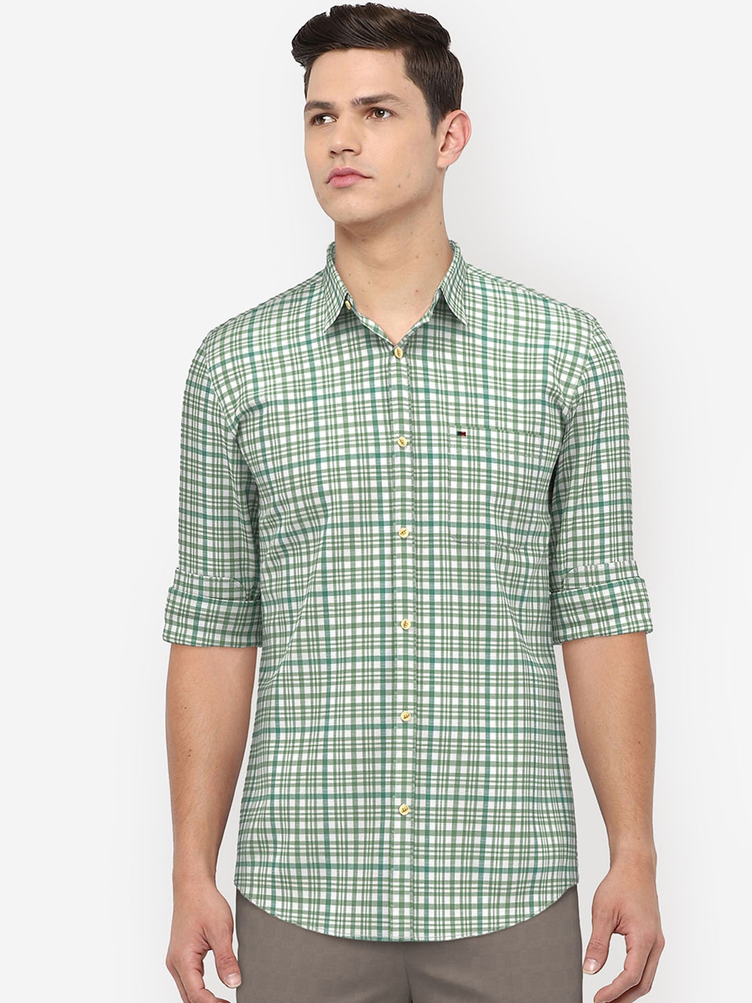 

Peter England Casuals Men Green Slim Fit Tartan Checked Pure Cotton Casual Shirt