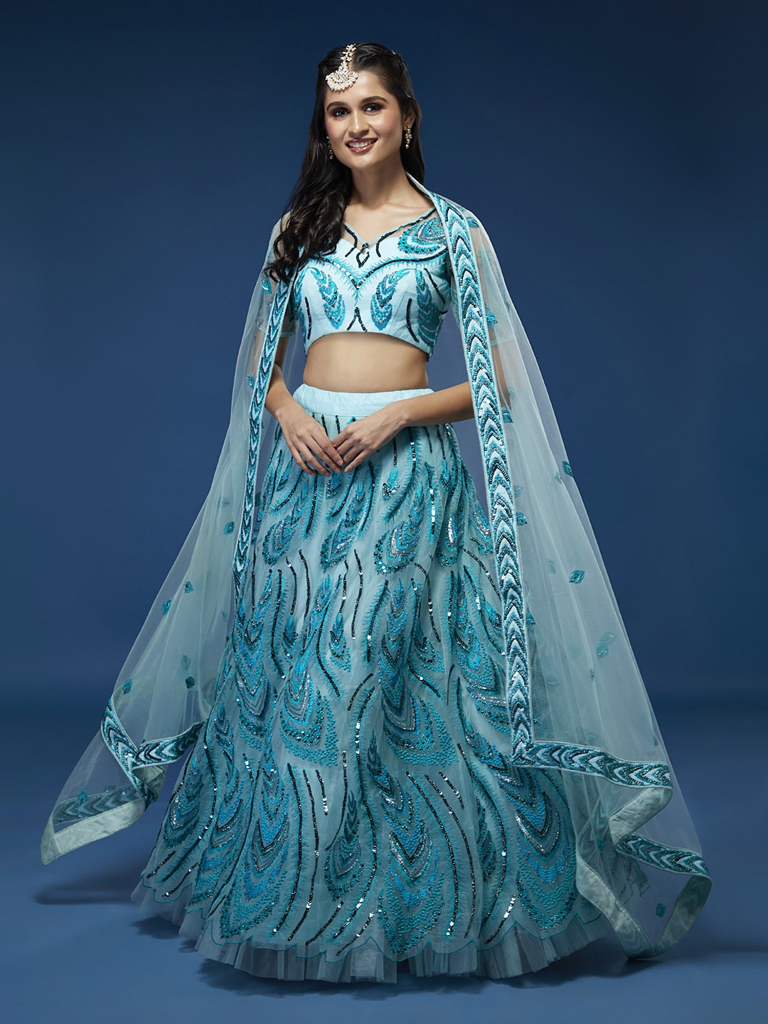 

panchhi Sea Green Embroidered Sequinned Semi-Stitched Lehenga & Unstitched Blouse With Dupatta