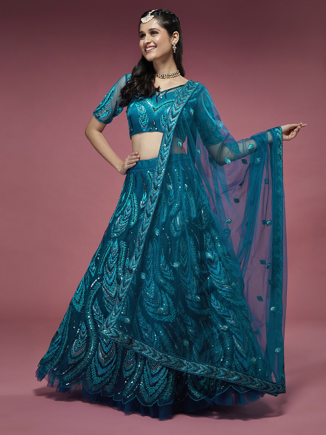 

panchhi Teal Embroidered Sequinned Semi-Stitched Lehenga & Unstitched Blouse With Dupatta
