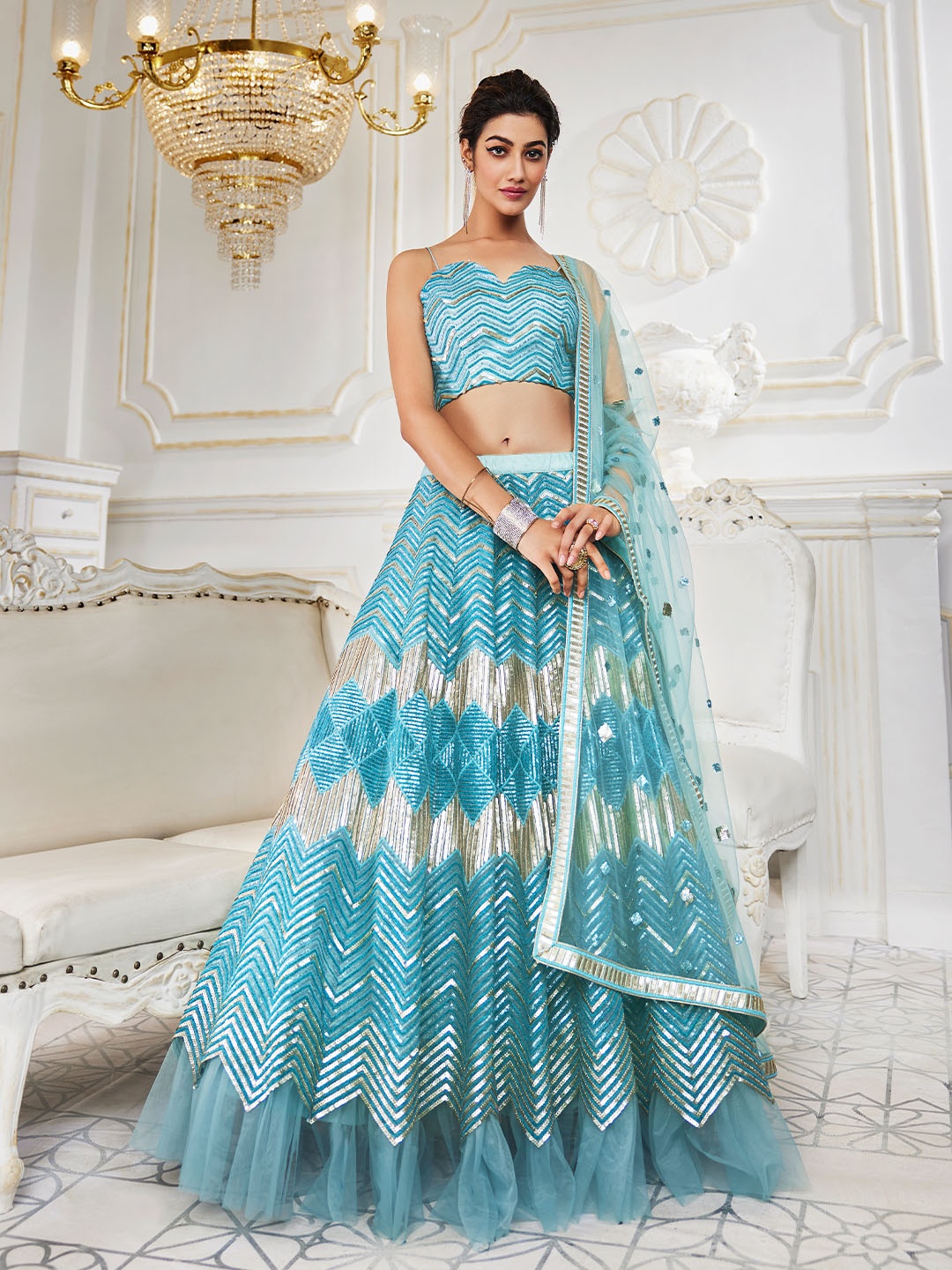 

panchhi Sea Green & Gold-Toned Embroidered Sequinned Semi-Stitched Lehenga & Unstitched Blouse With Dupatta