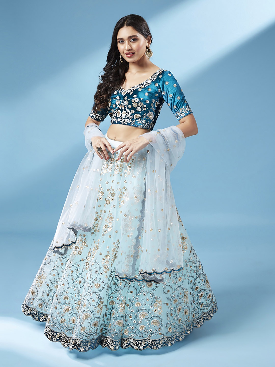 

panchhi Sea Green & Gold-Toned Embroidered Sequinned Semi-Stitched Lehenga & Unstitched Blouse With Dupatta