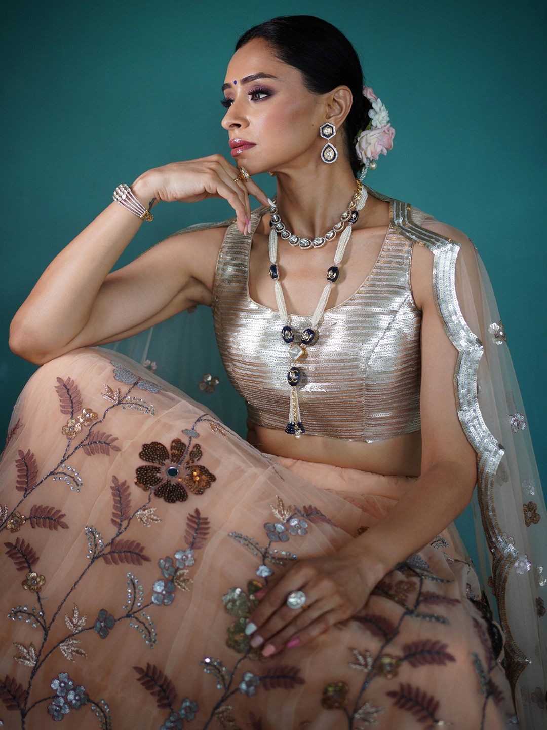 

panchhi Peach & Silver Sequinned Semi-Stitched Lehenga & Unstitched Blouse With Dupatta