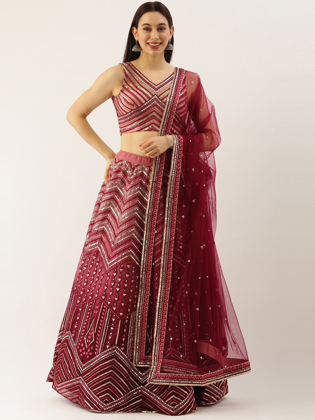 

panchhi Maroon & Silver-Toned Embroidered Sequinned Semi-Stitched Lehenga & Unstitched Blouse With Dupatta